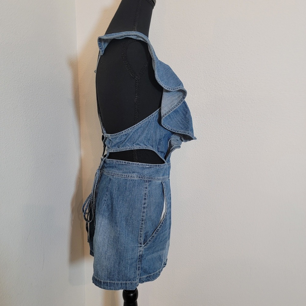 Blue Denim Ruffle Lace Up Back Cut Out Romper Small Wash Boho Festival - Picture 3 of 15